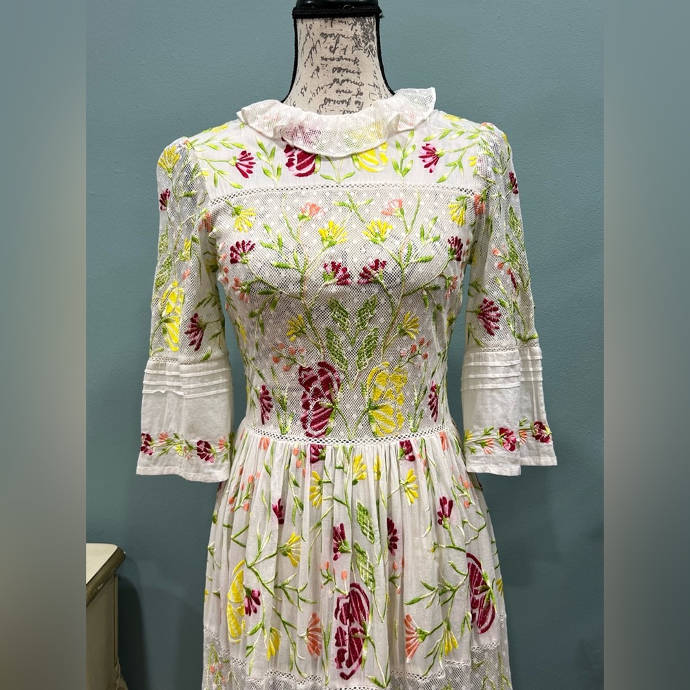 Antik Batik Fanya Boho Floral Embroidered Sheer Maxi Dress XS/36 Cottage Core - Picture 2 of 14